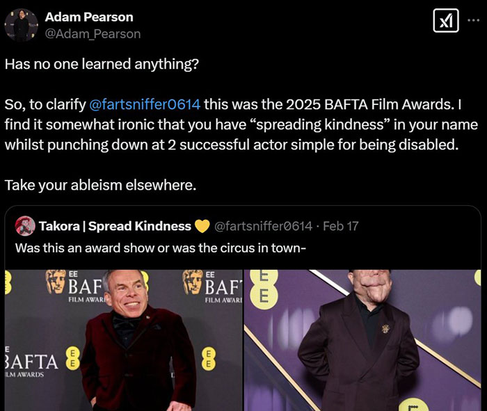 Adam Pearson responds to a tweet about the BAFTA Awards, discussing ableism and kindness.