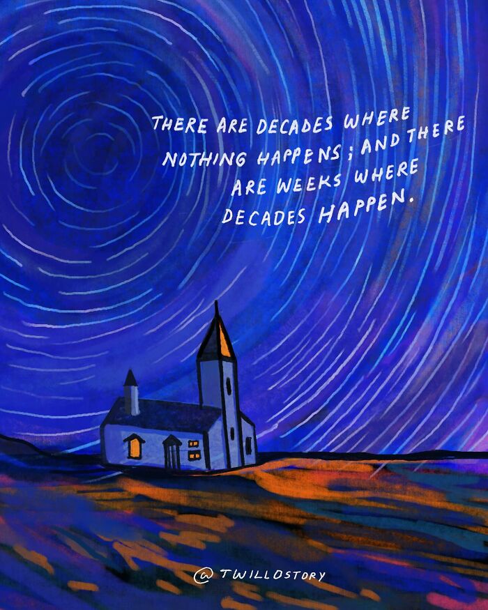 Illustration for mental wellness featuring a church under swirling night sky with inspirational quote about time and change.