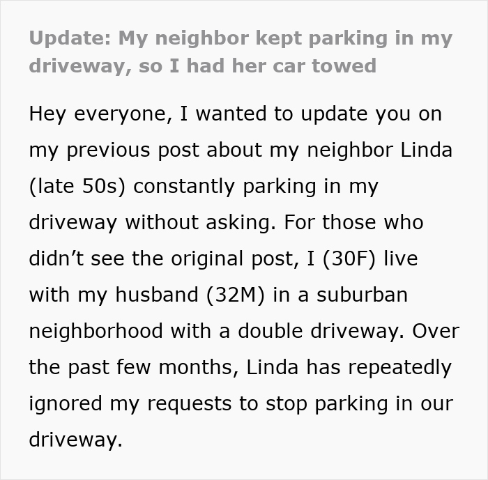 Text update on neighbor parking car unauthorized in driveway, resulting in the car being towed.