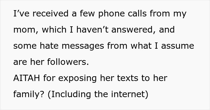 Text screenshot discussing hate messages received and questioning exposure of an influencer's texts.