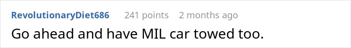 Reddit comment discussing unauthorized car parking by a neighbor, suggesting towing the vehicle.