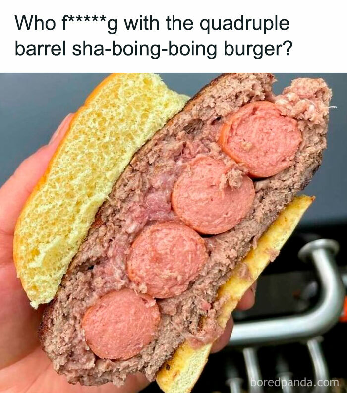 Burger with four hot dogs inside, highlighting a humorous take for those who love to cook.