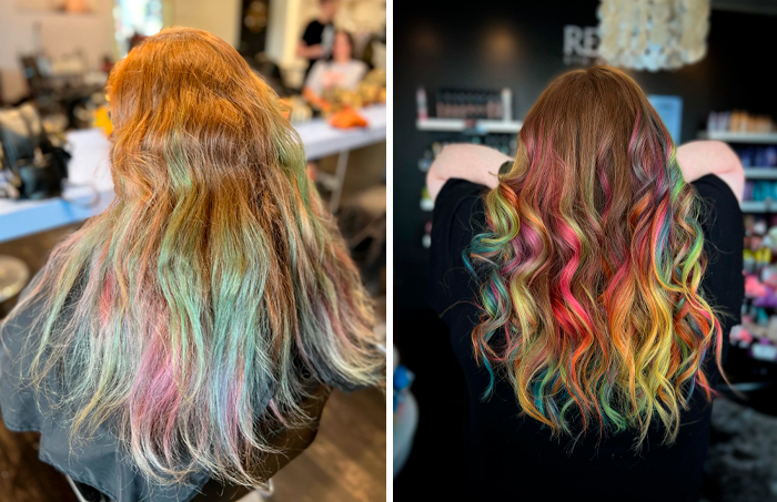 Person with a drastic haircut change, showing vibrant rainbow-colored hair transformation.