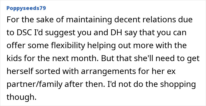 Comment discussing woman offering flexibility in helping husband's ex with new baby.