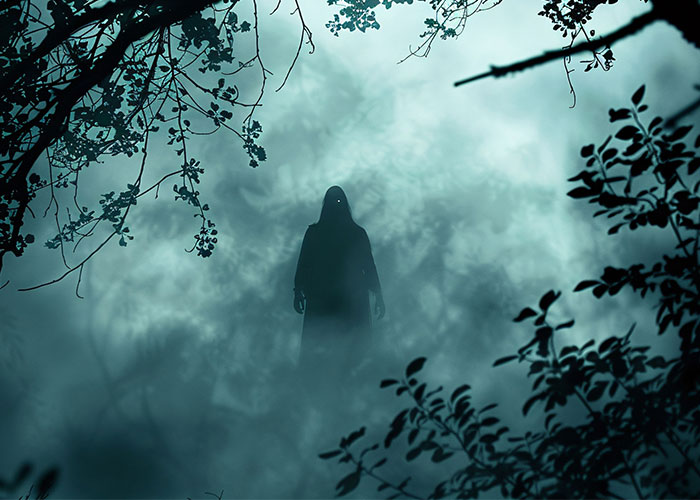 Eerie figure in foggy woods, capturing the essence of scary hikes through dark, misty forests.