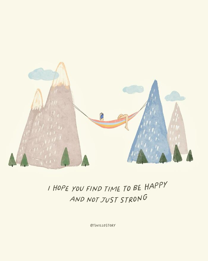 Illustration of a person relaxing in a hammock between mountains, promoting mental wellness and positivity with a motivational message.