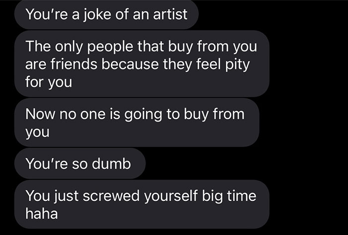 Text exchange exposing influencer demanding free painting and belittling artist's work.