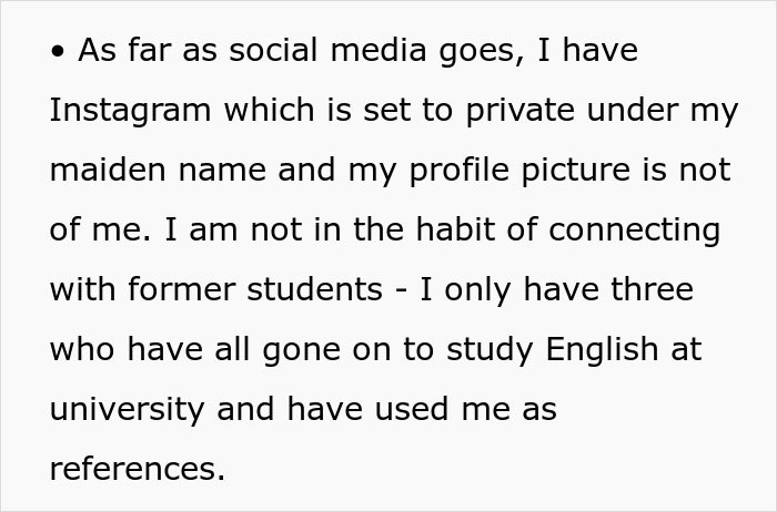 Text discussing social media privacy, mentions students studying English and using teacher as reference.