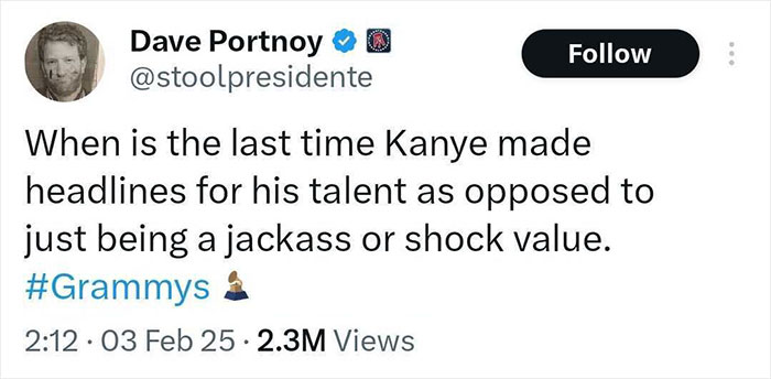 Dave Portnoy's tweet critiquing Kanye West related to Grammys dress controversy.