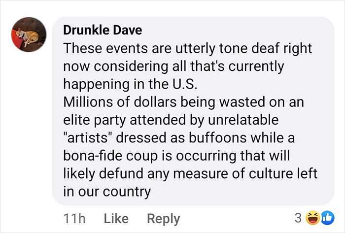 Comment criticizing tone-deaf nature of elite events during U.S. crises, referencing Met Gala dress code controversy.