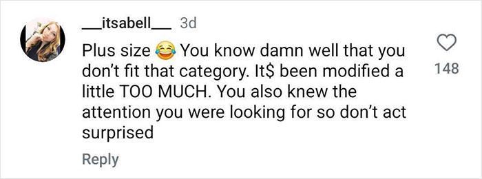 Social media comment discussing plus size categorization with emojis and user reactions.