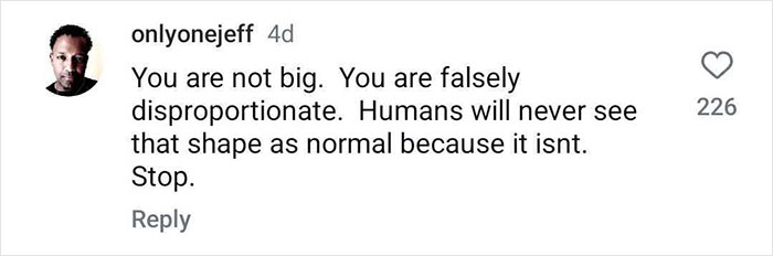 Instagram comment screenshot criticizing body proportions.