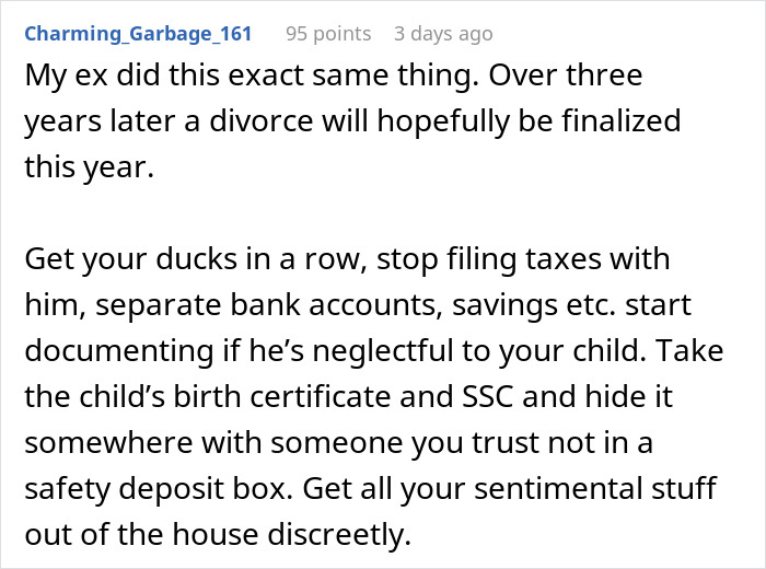 Text from a forum about marriage, divorce, and separating finances and documents.