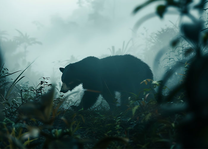 A bear in a foggy forest setting, representing one of the scariest hikes with minimal visibility.