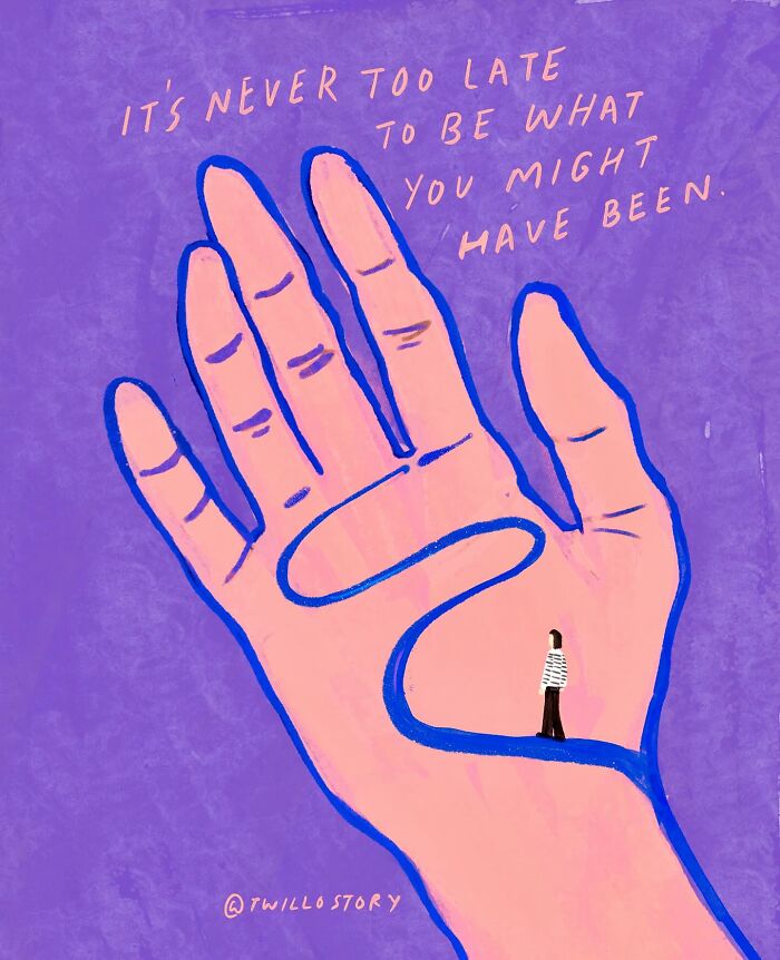 Illustration for mental wellness showing a person walking on a hand with uplifting text on a purple background.