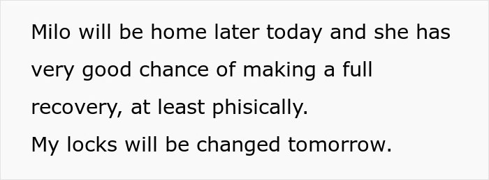 Text message about a dog named Milo returning home and recovering, with plans to change locks, related to a woman’s trip.