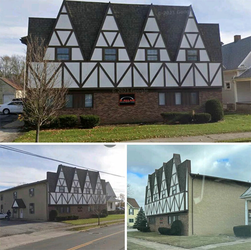 Unique architectural design with triangular patterns on building, viewed from multiple angles.