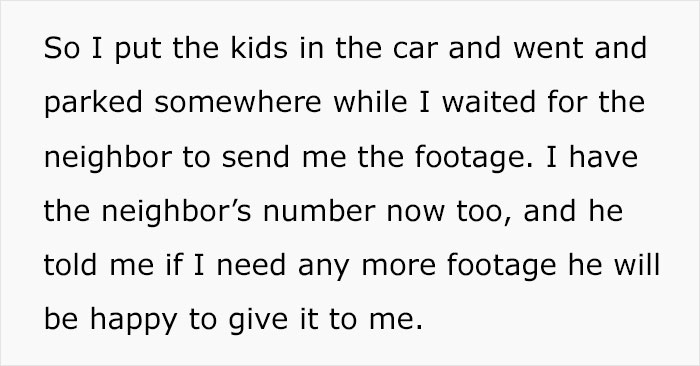 Text screenshot about a husband denying he left small children home alone, mentioning waiting for footage.