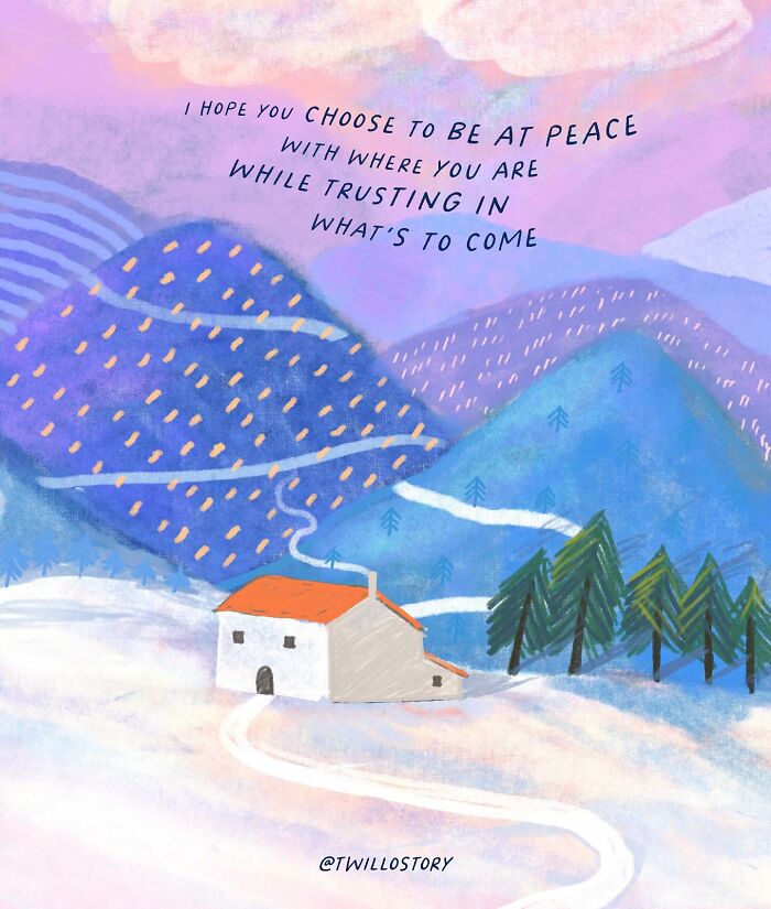 Illustration of a serene mountain scene with motivational text promoting mental wellness and positivity.