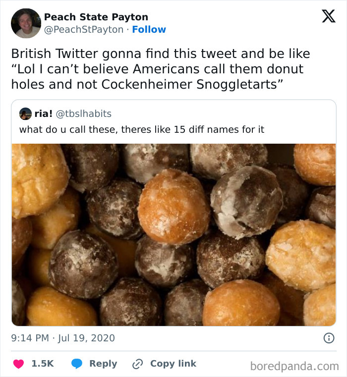 Meme about cooking with assorted donut holes, highlighting humorous name differences between American and British English.