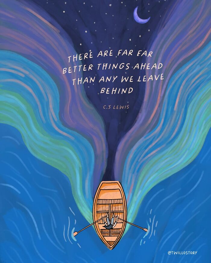 Uplifting illustration with a boat on colorful waters and a C.S. Lewis quote about positivity and better things ahead.