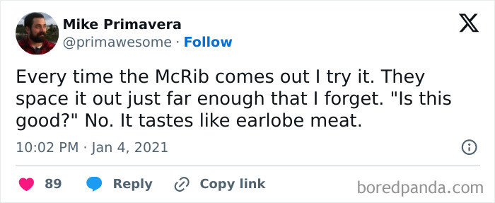 Tweet meme humor for those who love to cook, comparing McRib taste to earlobe meat.