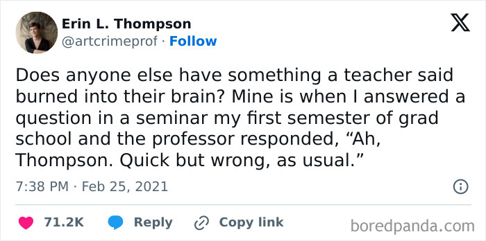 Tweet about a bad teacher's comment during a grad school seminar, highlighting infuriating experiences with educators.