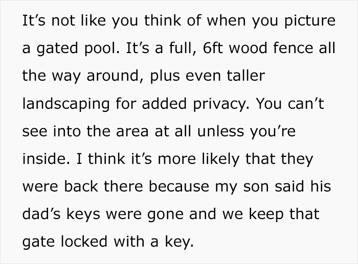 Text discussing a gated pool, wood fence, privacy landscaping, and missing keys in the context of a family situation.