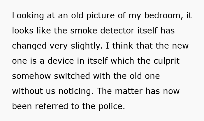 Text discussing a smoke detector change in a bedroom, suggesting a device swap noticed in an old photo, referred to police.