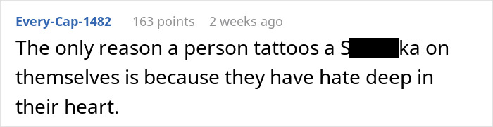 Comment discussing offensive tattoo with censored word, addressing hate.