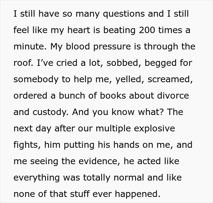 Text about husband denying leaving children alone, wife confused by lies. Feelings of distress and tension described.