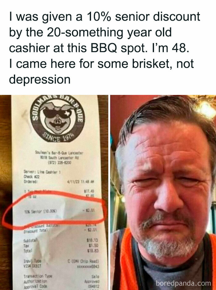 Man holding a BBQ receipt showing a 10% senior discount, expressing his surprise with a humorous reaction; cooking meme theme.