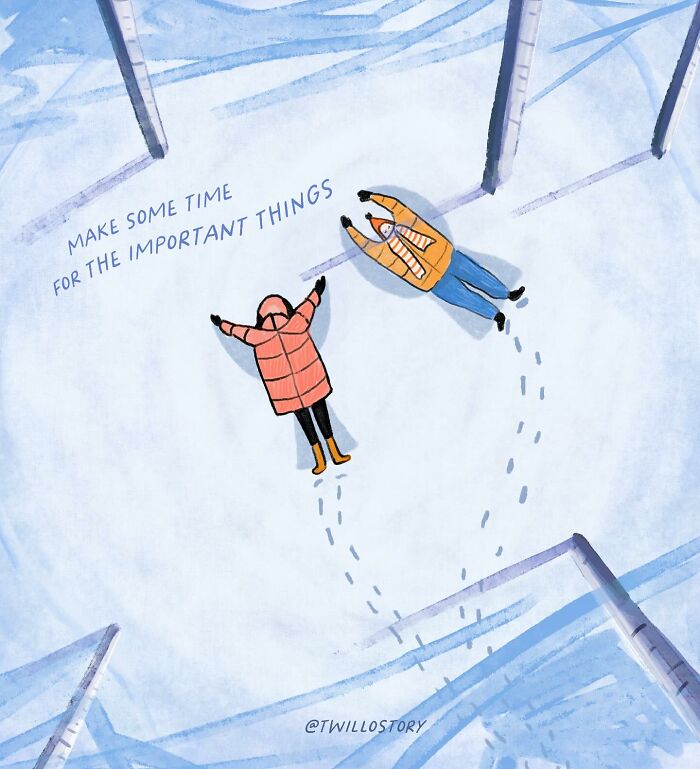 Illustration of two people making snow angels with text &ldquo;Make some time for the important things,&rdquo; promoting mental wellness.