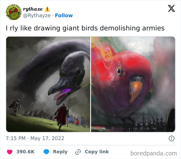 Tweet showing drawings of giant birds attacking armies, resembling real-life final boss scenarios.