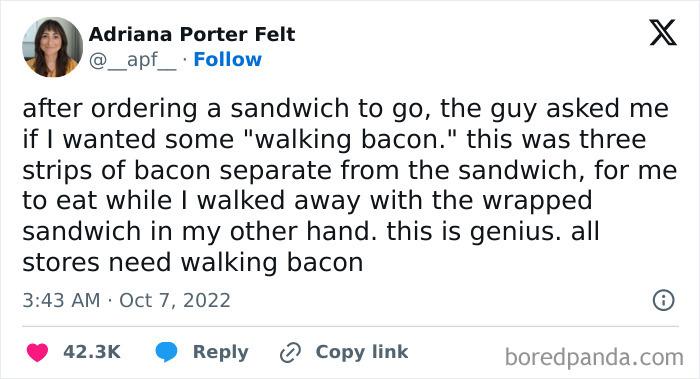 Text image about "walking bacon" as part of a funny food meme conversation.