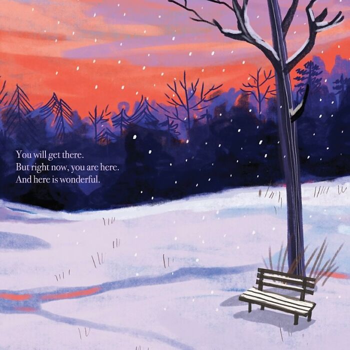 Illustration of a snowy landscape with a bench, promoting mental wellness and positivity through uplifting text.