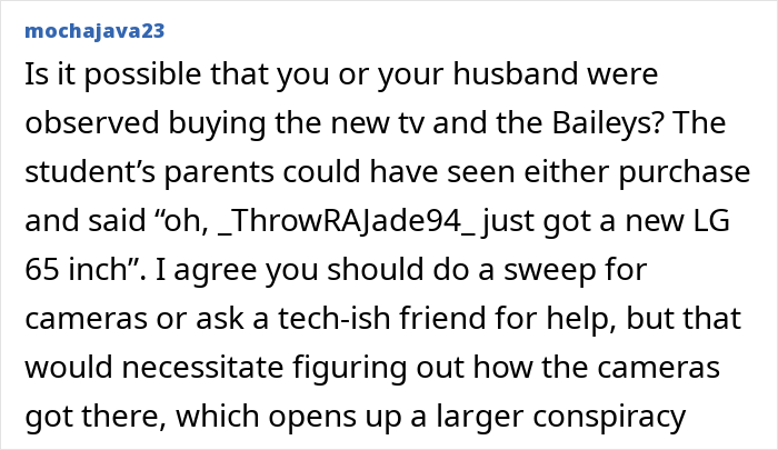 Text screenshot discussing a student's creepy comment and a husband's perspective on potential paranoia.