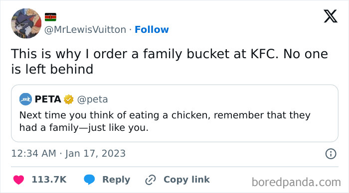 Cooking meme humor featuring a tweet about KFC family buckets and PETA's chicken family message.