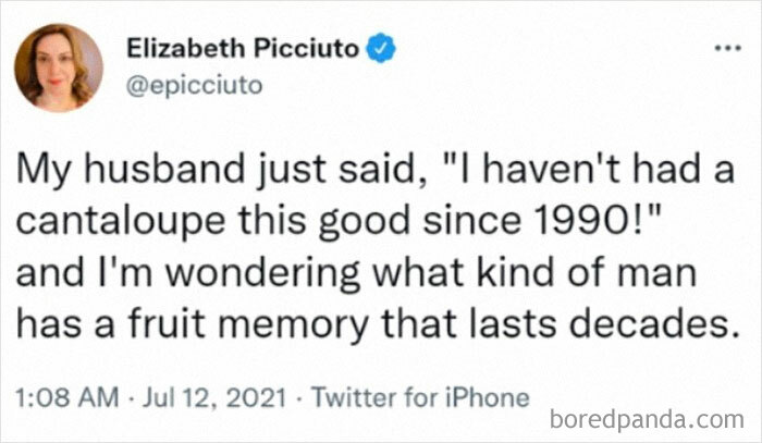 A tweet humorously discussing a husband's detailed memory of a cantaloupe's taste, relatable to those who love to cook.