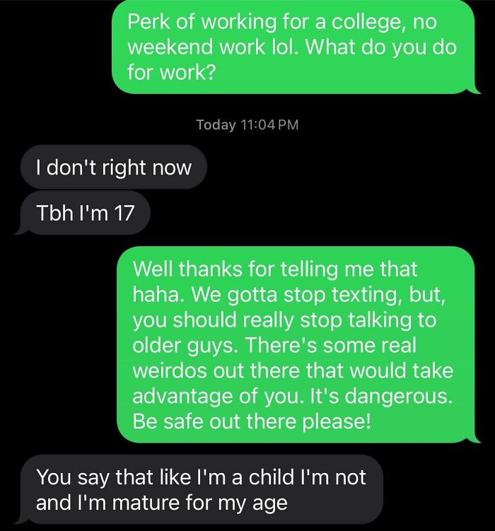 Awkward and cringeworthy text exchange about age reveals safety concerns.