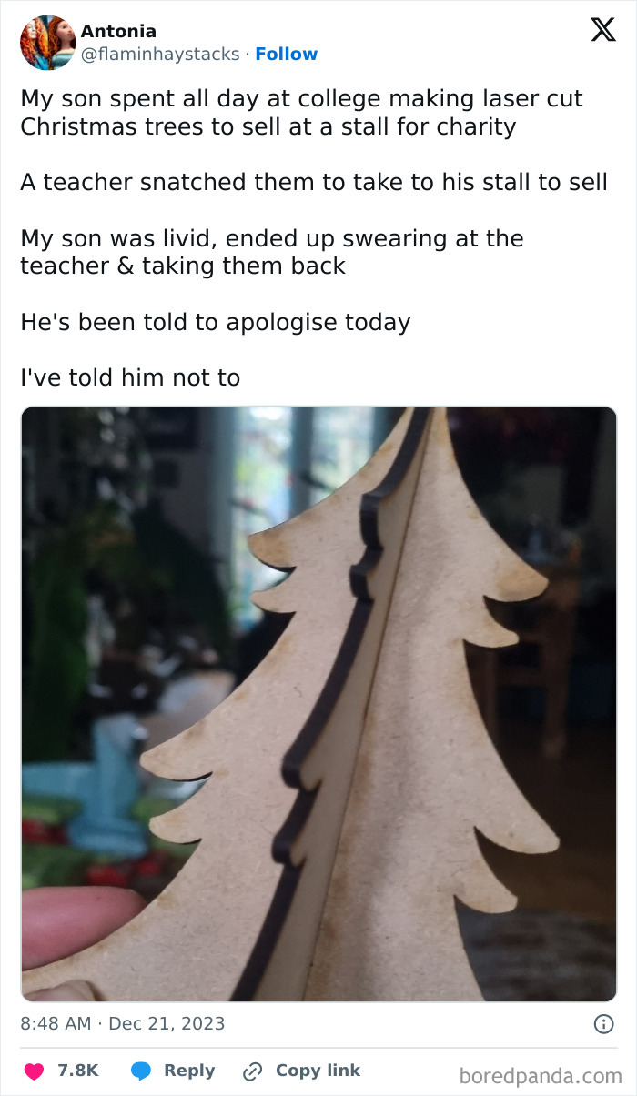 Laser-cut Christmas tree in focus, related to a story about infuriating teachers and a student’s charity project conflict.