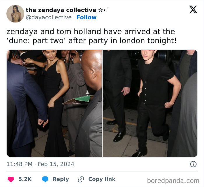 Zendaya and Tom Holland at a party in London, dressed elegantly, engaging with guests, amidst excited atmosphere.