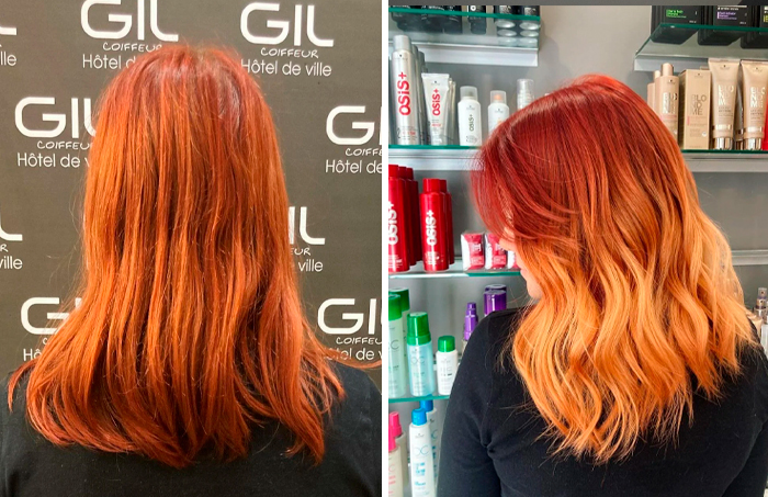 Two images showing a dramatic haircut change with vibrant red and orange hues in a salon setting.