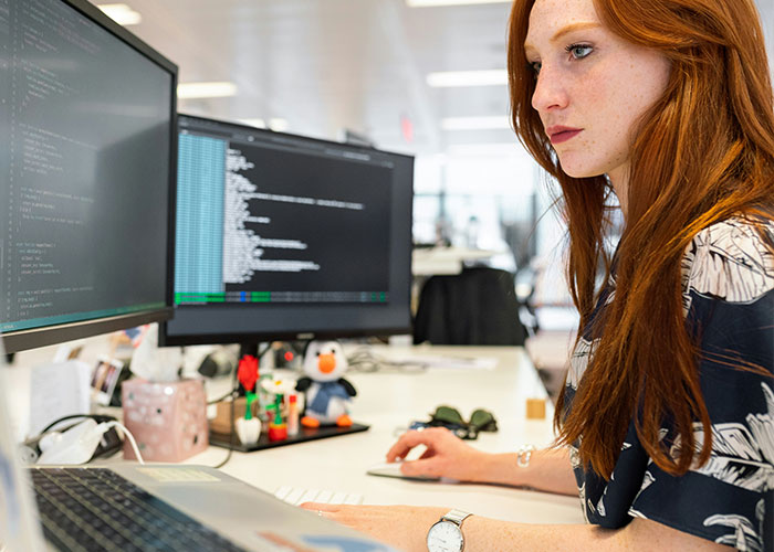 Woman coding at a desk, surrounded by whimsical office decor.