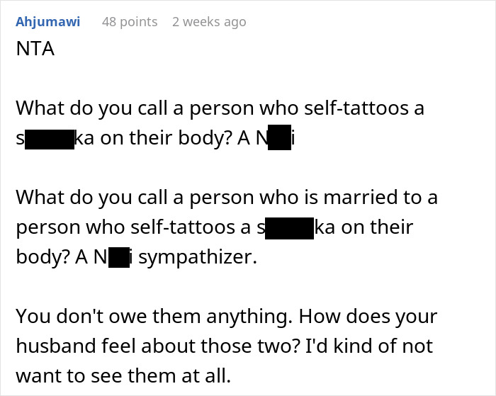 Text post on an online forum discussing a person's offensive tattoo and reactions.