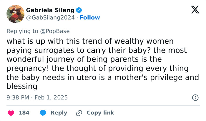 Tweet criticizing wealthy women using surrogates for having babies, highlighting the value of pregnancy and motherhood.