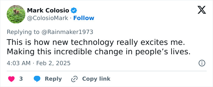 Tweet by Mark Colosio about how new technology excites him and changes lives.