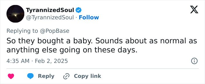 Tweet criticizing celebrities posing with surrogate babies, posted on February 2, 2025.