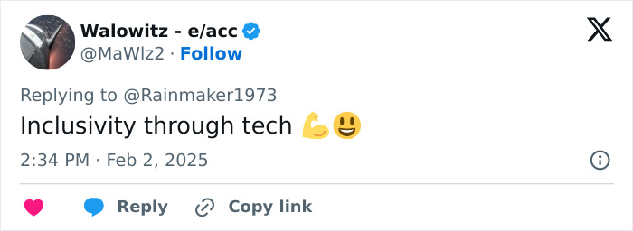 Tweet about inclusivity and tech with emojis of a flexed bicep and smiling face.