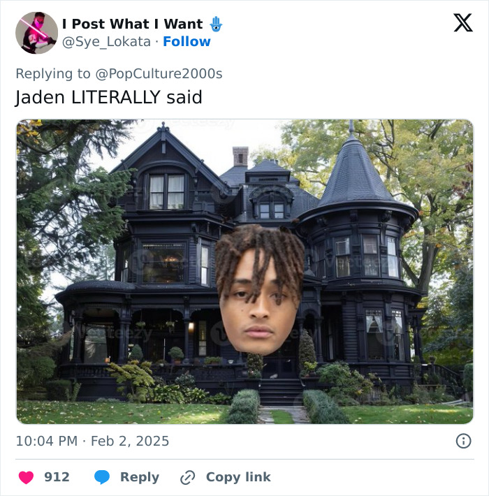 Meme of a large face over a Victorian house, referencing netizens' reactions to 2025 Grammys outfits.